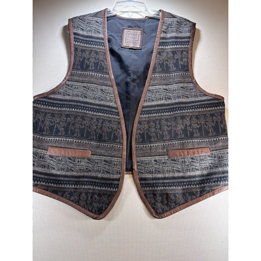 Vintage Sumac Design Men's 100% Wool Vest Leather Trim Aztec Made In Equator